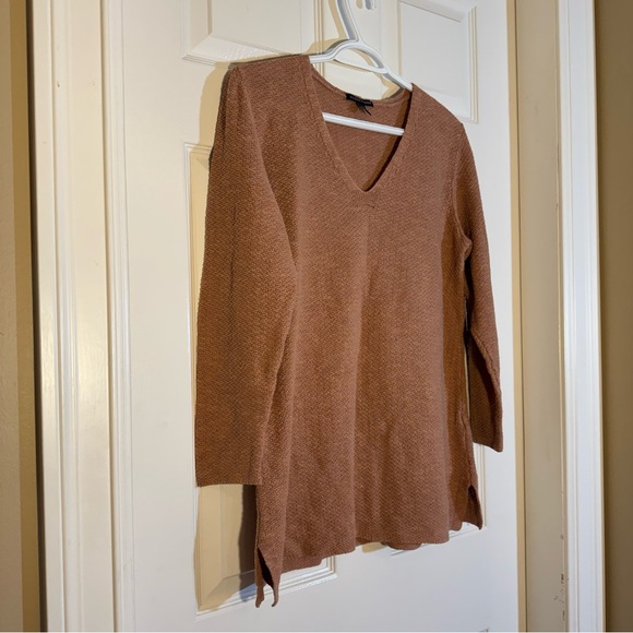 Eileen Fisher Organic Linen Cotton V-Neck Knit Top Warm Tan M, Capsule Wardrobe - Picture 4 of 9